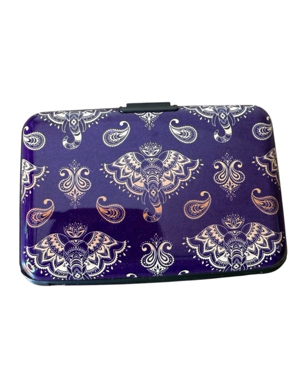 Anti Scan Hard Shell Card Wallet Accordion Slots Ganesha Elephant Purple Paisley